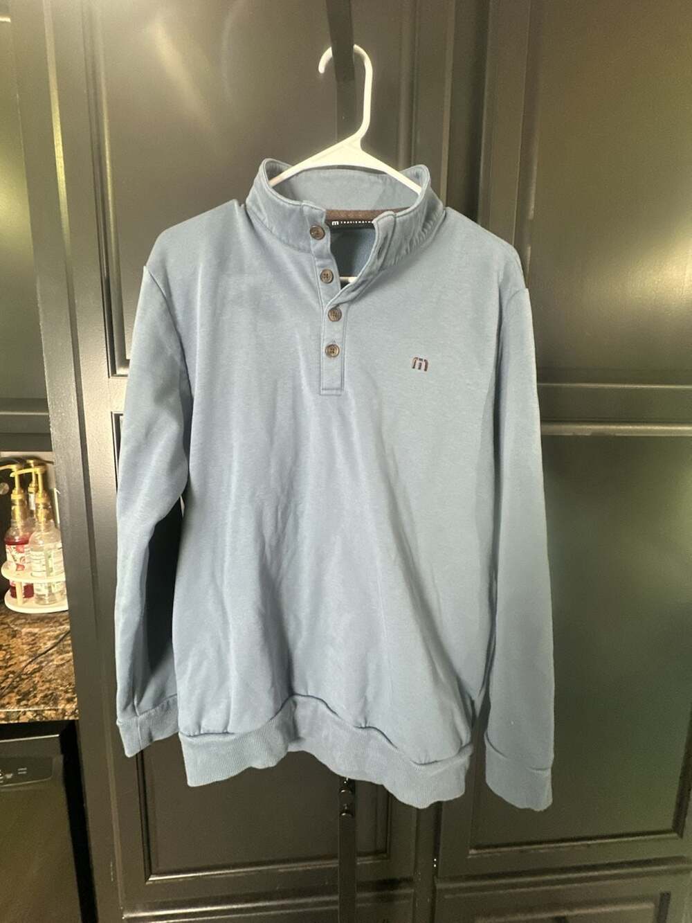 TravisMathew Men's Blue Snap-Button Mock Neck Pullover Sweatshirt